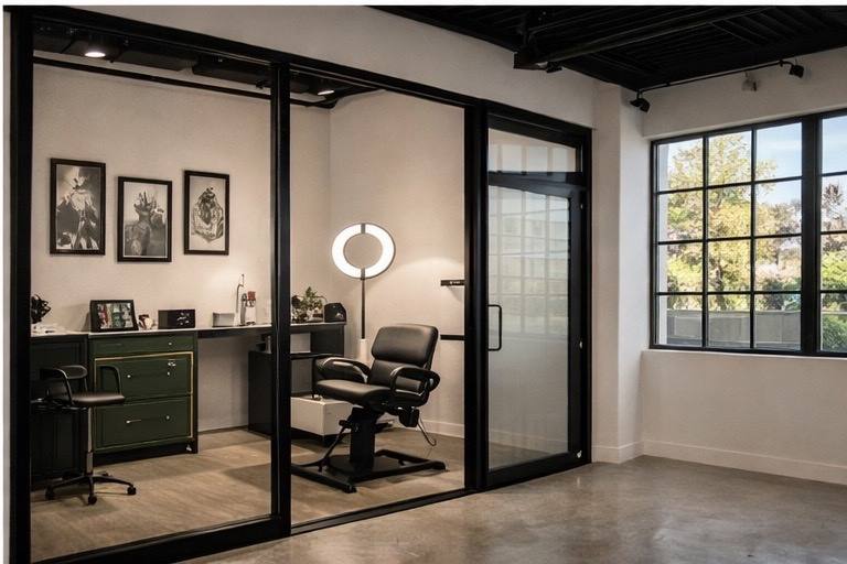 Classic glass-walled suite with green casework, ring light, and styling chair