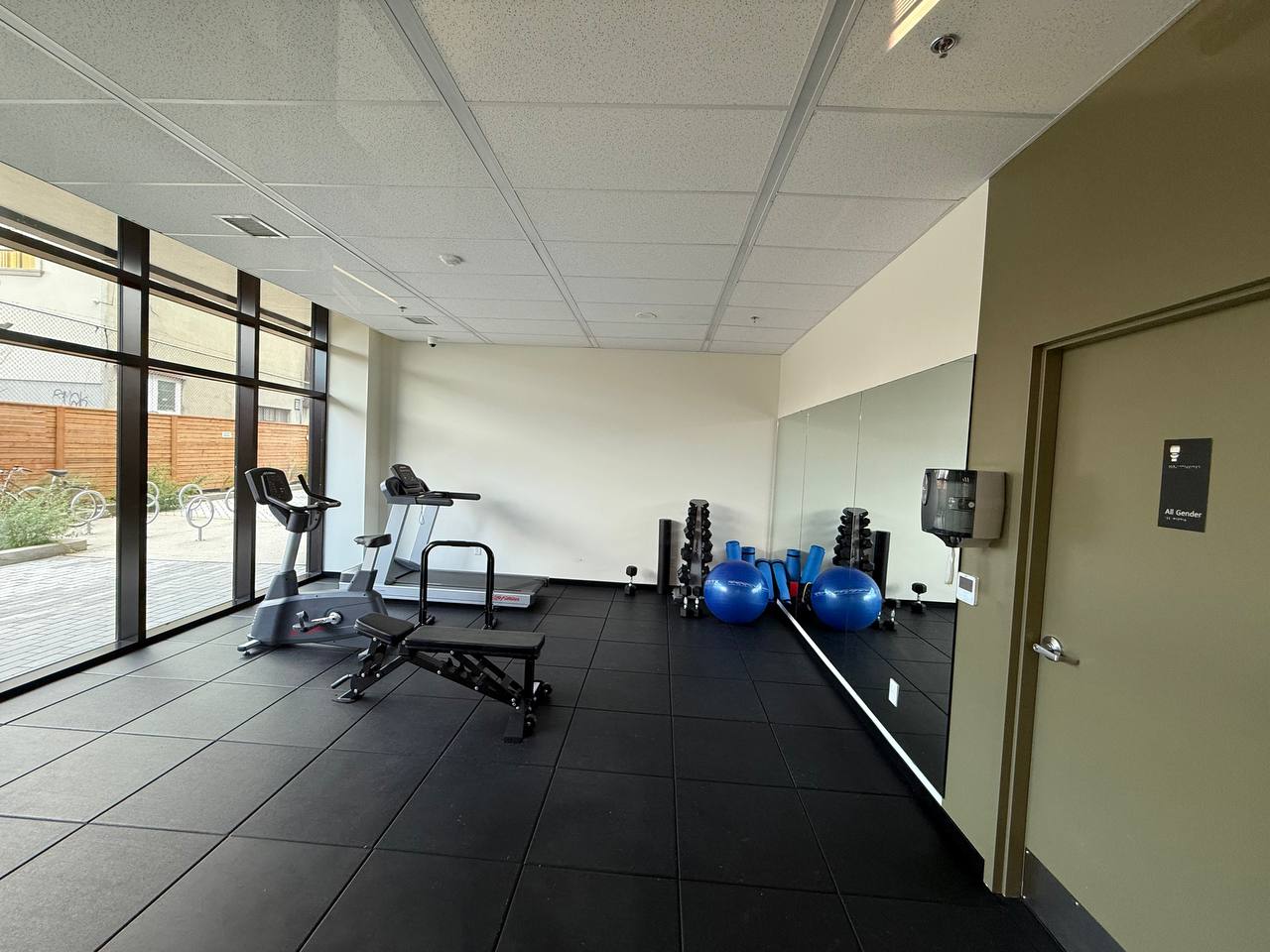 Building fitness gym with treadmill, stationary bike, free weights, bench, and stability balls
