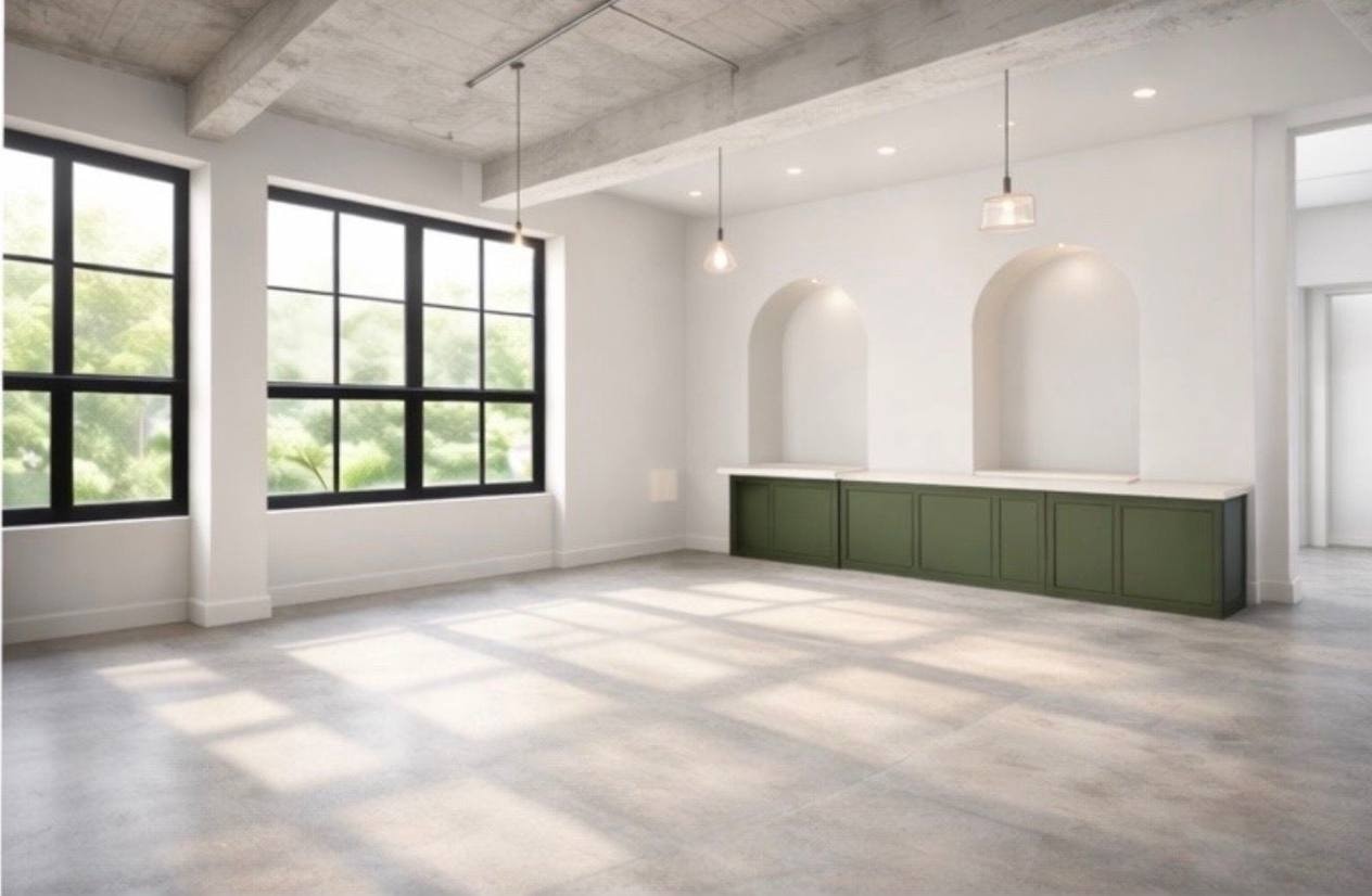 Rendering of an unfurnished suite with arched recesses and green casework