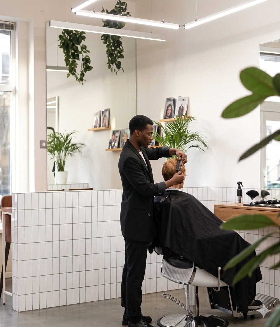 Barber finishing a client's haircut