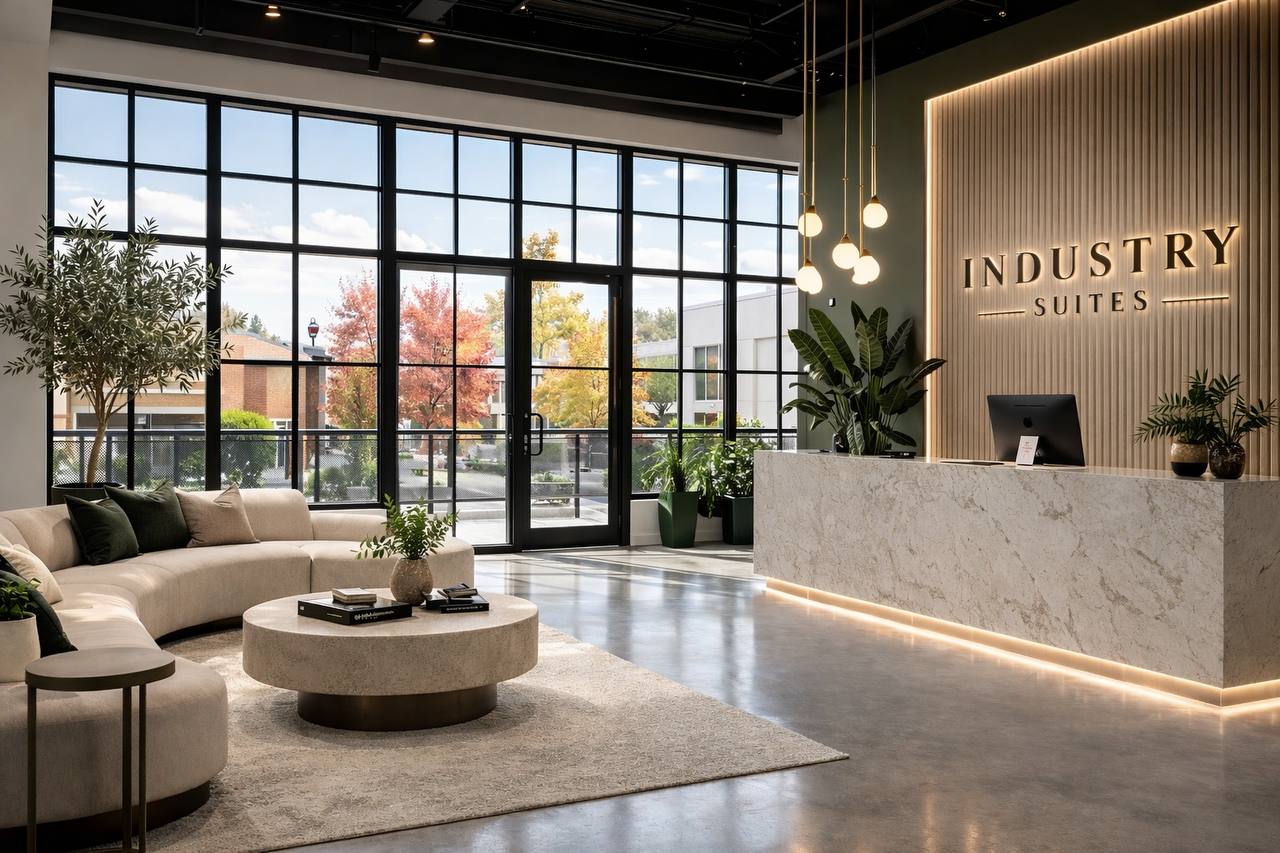 Industry Suites lobby reception with marble desk, illuminated INDUSTRY SUITES wordmark, and tall black-framed windows
